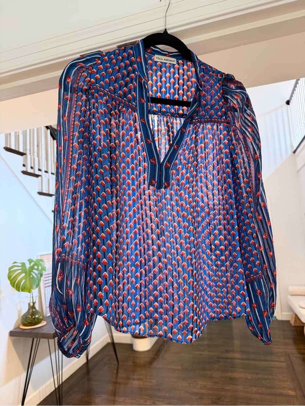 W Johnson Blue & Red Printed Silk Peasant Blouse